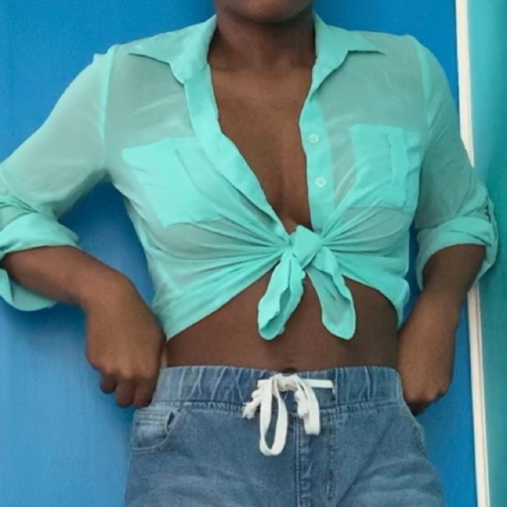 Teal button up top